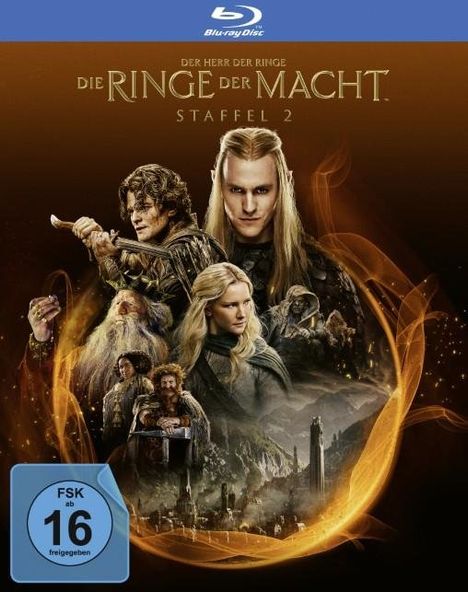 "Die Ringe der Macht. Staffel 2. FSK 16. Personen im Fantasy-Stil, darunter Ritter und Magier, vor orangefarbenem Hintergrund."