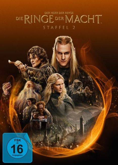 Text: "Die Ringe der Macht Staffel 2". Verschiedene Fantasiecharaktere vor einem orange-goldenen Hintergrund. FSK 16-Symbol.