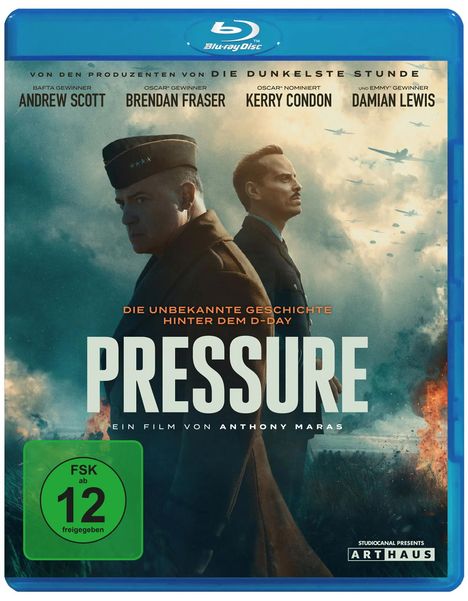 "Pressure" Blu-ray-Cover: Zwei Männer in Anzügen, Wolken und Flugzeuge im Hintergrund, FSK-12-Logo.