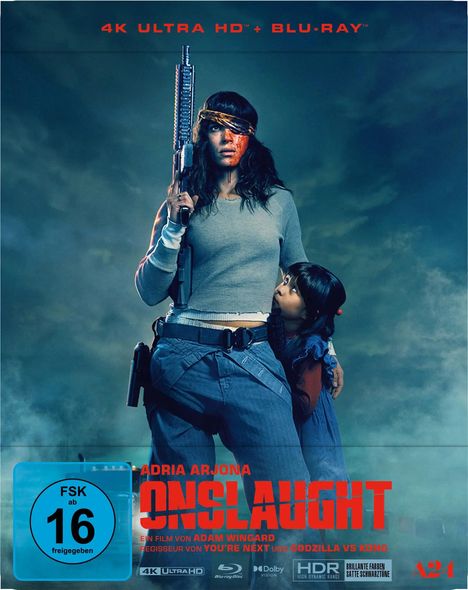 Oben „4K ULTRA HD + BLU-RAY“. Unten „ONSLaught“. Frau mit Gewehr, Kind hält sich fest. FSK 16. düstere Atmosphäre.