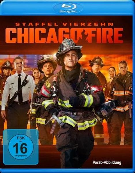 Staffel Vierzehn Chicago Fire. Gruppe von Feuerwehrleuten in Uniformen, Flammen im Hintergrund. FSK 16 Logo.
