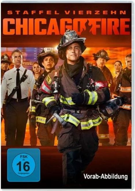 STAFFEL VIERZEHN CHICAGO FIRE, FSK 16, Vorab-Abbildung. Feuerwehrleute in Einsatzkleidung, Flammen im Hintergrund.