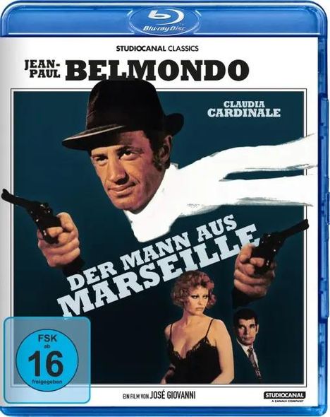 Auf einer Blu-ray-Hülle steht: "Jean-Paul Belmondo, Claudia Cardinale, Der Mann aus Marseille". Ein Mann zielt mit Pistolen.