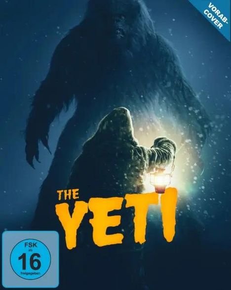 „THE YETI“ in gelber Schrift. Eine Figur mit Laterne steht vor einem riesigen, dunklen Yeti. Links unten ist ein FSK-16-Symbol.