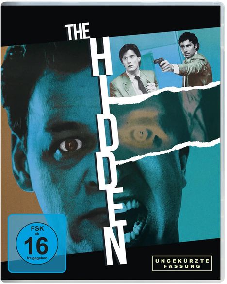 Text: "THE HIDDEN", "FSK ab 16 freigegeben", "UNGEKÜRZTE FASSUNG". Zwei Männer mit Waffen, zerrissenes Gesicht im Hintergrund.