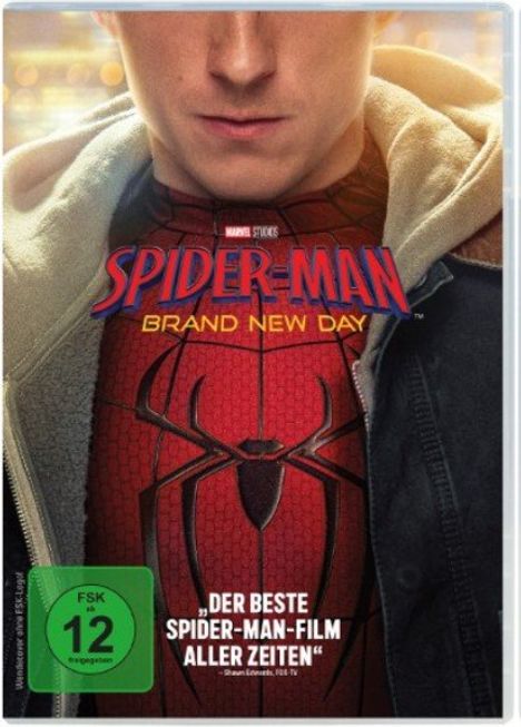 Texte: „SPIDER-MAN BRAND NEW DAY“, „Der beste Spider-Man-Film aller Zeiten“. Person im Spider-Man-Anzug.