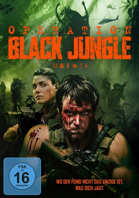 Text oben: "OPERATION BLACK JUNGLE". Darunter zwei bewaffnete Personen vor einem dichten, grünen Dschungelhintergrund.