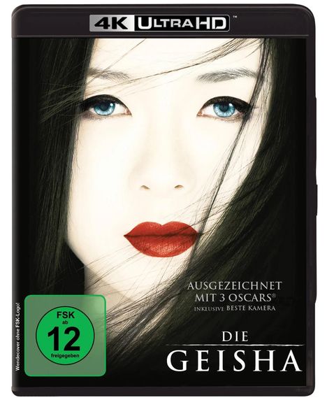 "Ausgezeichnet mit 3 Oscars. Inklusive beste Kamera. Die Geisha." Gesicht einer Frau mit roten Lippen und blauen Augen.