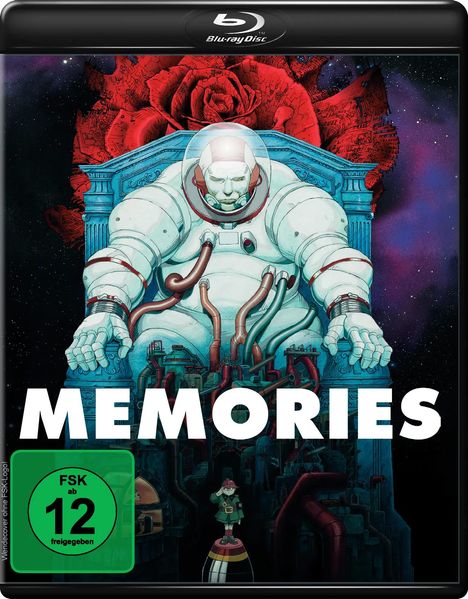 "MEMORIES", FSK 12 Logo. Illustration: Astronaut auf Thron, riesige Rose im Hintergrund, kleiner Mensch davor.