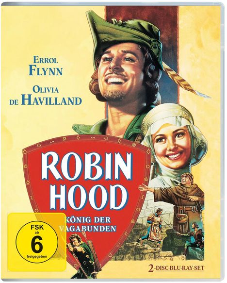Text: "Errol Flynn", "Olivia de Havilland", "Robin Hood", "König der Vagabunden", "FSK ab 6", "2-Disc-Blu-ray-Set". Illustration mit fröhlichen Menschen in mittelalterlicher Kleidung.