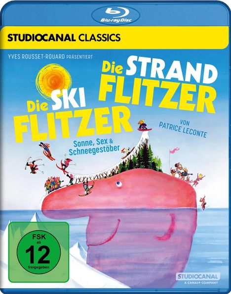 "STUDIOCANAL CLASSICS", "Die SKI FLITZER", "Die STRAND FLITZER", Illustration eines lächelnden rosa Wals im Wasser.