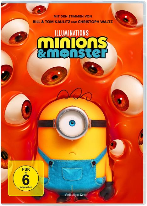 "Illuminations Minions & Monster" steht groß auf orangefarbenem Hintergrund mit vielen Augen und einem Minion in blauer Latzhose.