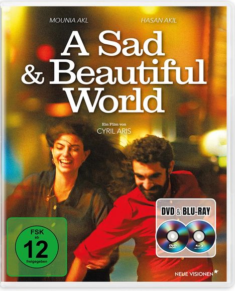 Text: "A Sad & Beautiful World", "Ein Film von Cyril Aris", "FSK ab 12 freigegeben", "DVD & Blu-ray". 
Ein fröhliches Paar rennt.