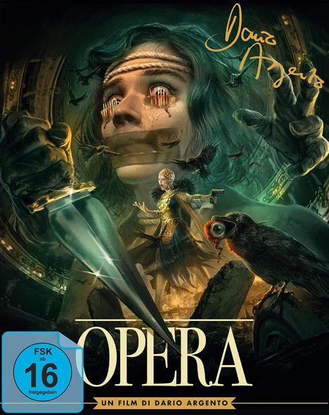 Texte: "FSK ab 16 freigegeben", "Opera", "Un film di Dario Argento". 

Eine dramatische Illustration: Frau mit zugenähten Augen, Raben, und Dolch.