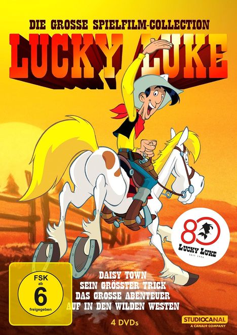 "Die große Spielfilm-Collection Lucky Luke." Ein Cowboy auf einem Pferd, gelber Hintergrund.