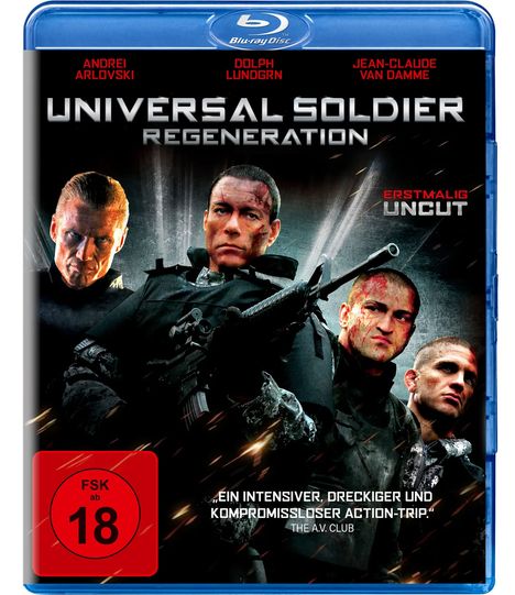 "Universal Soldier Regeneration" Blu-ray-Cover. Drei bewaffnete Männer in Kampfkleidung, ernste Mienen, dunkler Hintergrund.