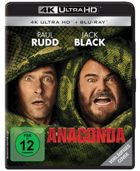 "4K Ultra HD + Blu-ray", "Paul Rudd", "Jack Black", "ANACONDA", "FSK ab 12 freigegeben", "VORLÄUFIGES COVER".  Zwei Männergesichter im Schlangenmaul.