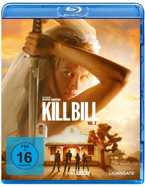 "KILL BILL VOL. 2", FSK 16. Eine Frau im Brautkleid hält ein Schwert, im Hintergrund eine Kirche und ein Baum.