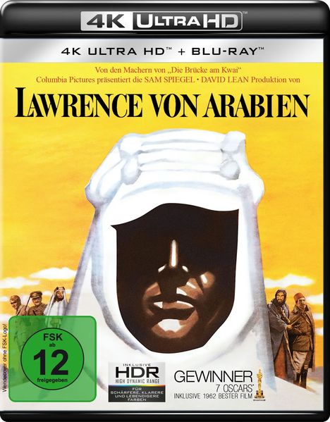 „Lawrence von Arabien“, 4K Ultra HD + Blu-ray, FSK 12. Illustration mit vermummtem Gesicht auf gelbem Hintergrund.