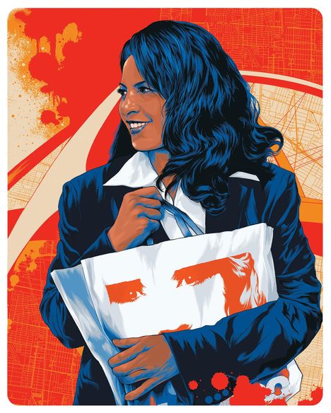 Illustration: Frau mit dunklem Haar, im Anzug, hält Tasche mit Gesichtsmotiv. Hintergrund in Rot und Beige, mit Kartenelementen.