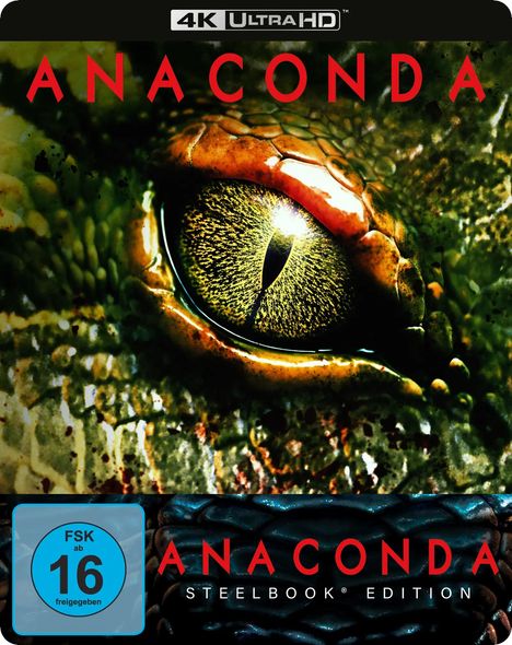 „ANACONDA 4K ULTRA HD Steelbook Edition“ mit großem Schlangenauge und FSK-16-Siegel.