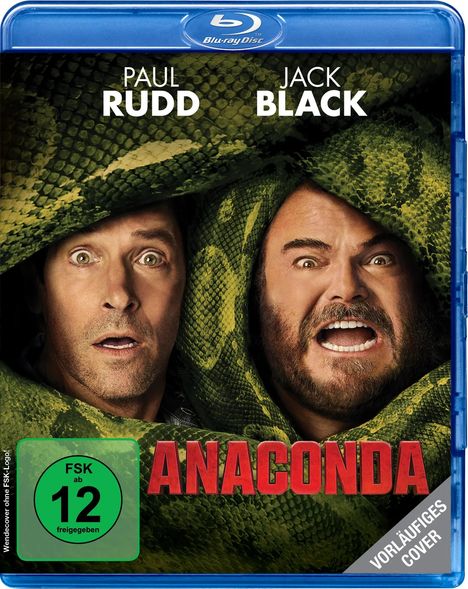 "PAUL RUDD", "JACK BLACK", "ANACONDA" steht in roter Schrift. Zwei Männer schauen durch ein Schlangenmuster, erschrocken.