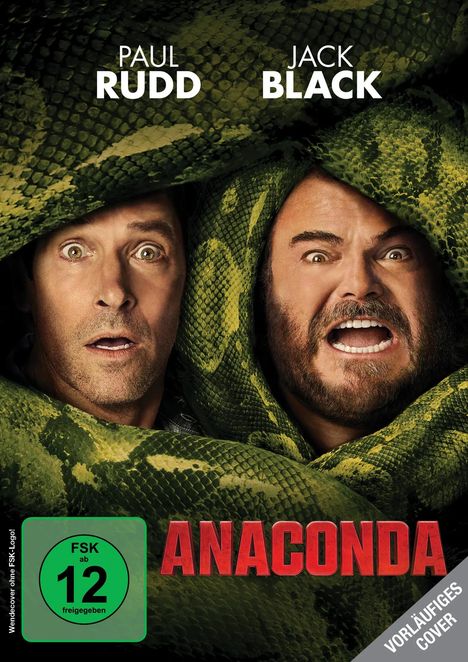 Text: "Paul Rudd, Jack Black, Anaconda, FSK 12, vorläufiges Cover." Zwei Männer schauen erschreckt, in eine Schlange gewickelt.