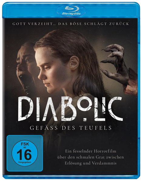 "GOTT VERZEIHT... DAS BÖSE SCHLÄGT ZURÜCK. DIABOLIC: GEFÄSS DES TEUFELS. FSK ab 16. Frau und Schattenriss mit Krallen."