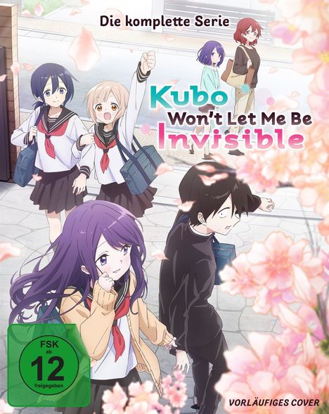 "Die komplette Serie", "Kubo Won't Let Me Be Invisible", FSK 12. Illustration von Schülern unter blühenden Kirschbäumen.