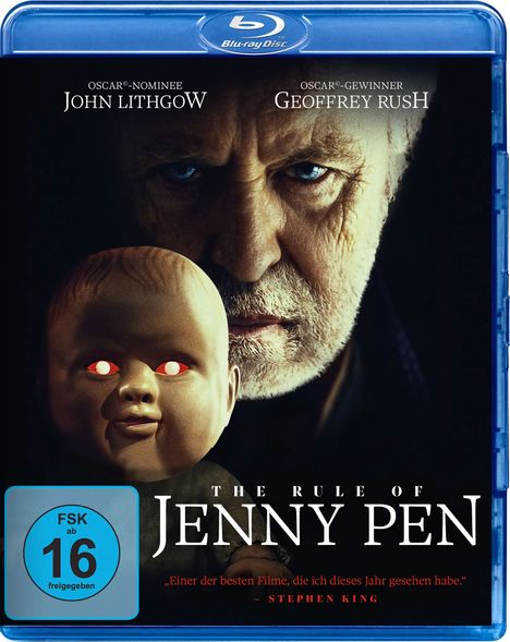 Text: "OSCAR©-NOMINEE JOHN LITHGOW", "OSCAR©-GEWINNER GEOFFREY RUSH", "THE RULE OF JENNY PEN". Gesicht eines Mannes und einer gruseligen Puppe.