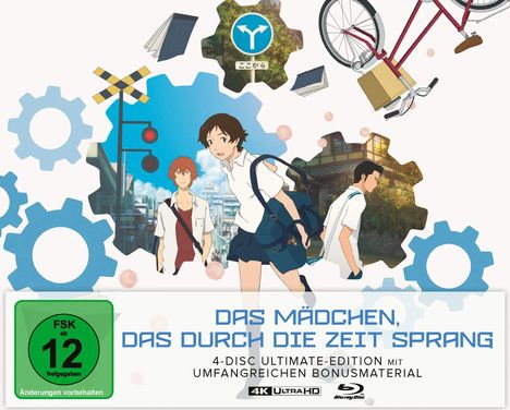 „Das Mädchen, das durch die Zeit sprang“. Illustration mit drei Jugendlichen und Zahnrädern, Fahrrad und Büchern. FSK 12.