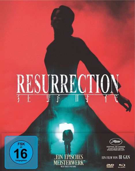 Text: "RESURRECTION", "Ein episches Meisterwerk", "Ein Film von Bi Gan". Silhouette einer Person vor rotem Hintergrund.
