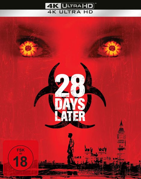 "28 Days Later", "FSK ab 18", "4K Ultra HD". Rote Augen mit Infektionssymbol, unten schwarze Skyline mit Figur.