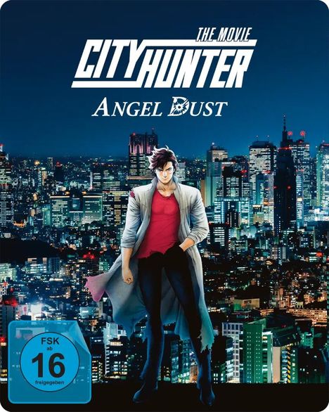 Text: "The Movie City Hunter Angel Dust", "FSK ab 16 freigegeben". Illustration: Person vor nächtlicher Stadtlandschaft.