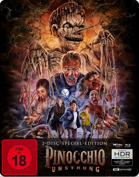Am oberen Rand: "2-Disc Special Edition". Unten: "Pinocchio Unstrung". Horror-Illustration mit gruseligen Figuren.