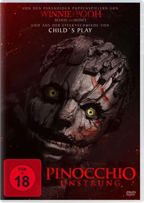 FSK ab 18. "PINOCCHIO: UNSTRUNG". Gruselige Holzpuppe mit gelben Augen, rot-schwarze Töne.