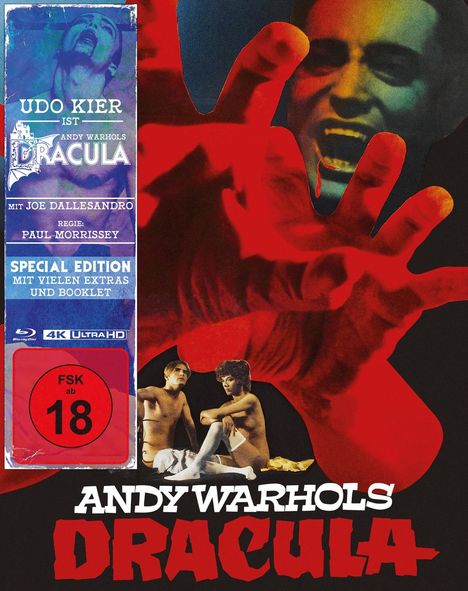 Text: "UDO KIER IST ANDY WARHOLS DRACULA. FSK ab 18." Illustration zeigt eine rote Hand und ein schreiendes Gesicht.