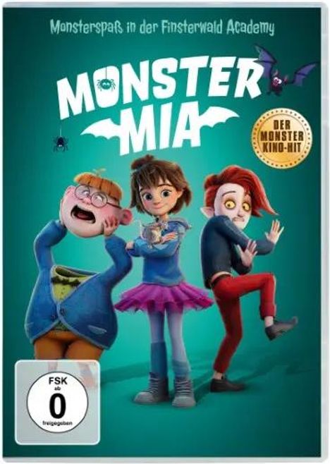 „MONSTER MIA“. Drei animierte Charaktere stehen zusammen. Links FSK-0 Symbol. Oben fliegen zwei Fledermäuse.