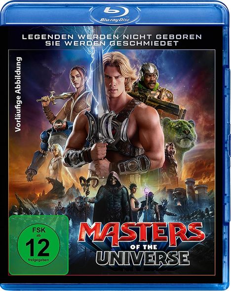 Text: "LEGENDEN WERDEN NICHT GEBOREN SIE WERDEN GESCHMIEDET", "Masters of the Universe", "FSK ab 12 freigegeben". Cover einer Blu-ray mit mehreren Helden.