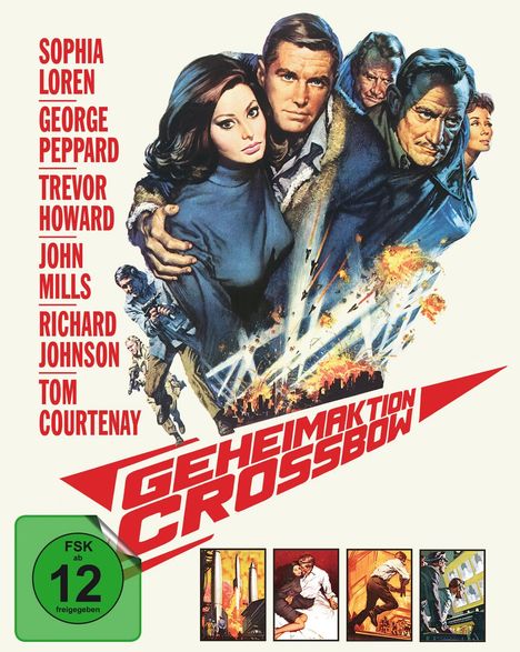 SOPHIA LOREN, GEORGE PEPPARD, TREVOR HOWARD, JOHN MILLS, RICHARD JOHNSON, TOM COURTENAY. GEHEIMAKTION CROSSBOW, FSK 12. Illustration.