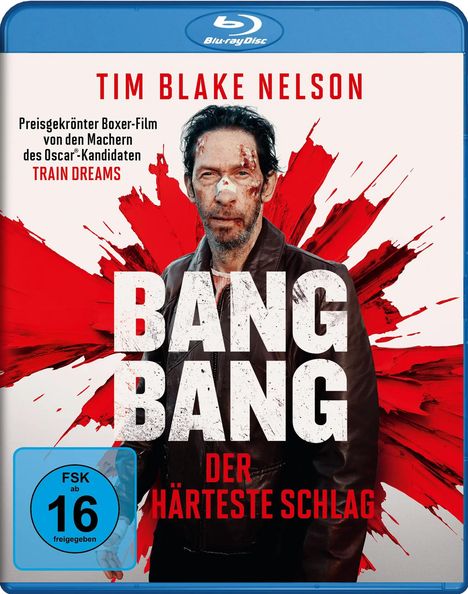 „TIM BLAKE NELSON“, „BANG BANG Der härteste Schlag“, blutbeschmierter Mann vor rotem Farbspritzer, Blu-ray Hülle.