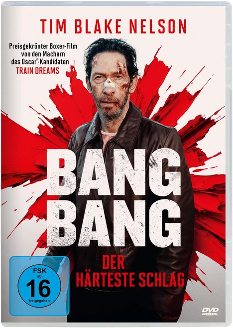 Ein blutverschmierter Mann vor rotem Hintergrund. Text: "Tim Blake Nelson", "BANG BANG", "Der härteste Schlag", "FSK ab 16".