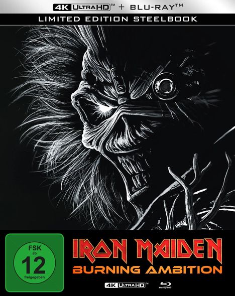 "LIMITED EDITION STEELBOOK", "Iron Maiden Burning Ambition", "FSK 12 freigegeben". Illustration eines grimmigen Gesichts.