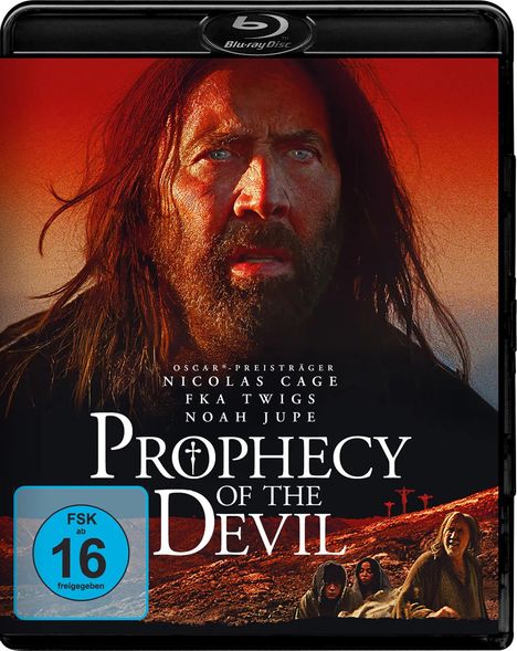 "OSCAR-PREISTRÄGER NICOLAS CAGE FKA TWIGS NOAH JUPE PROPHECY OF THE DEVIL." Gesicht eines bärtigen Mannes vor rotem Himmel.