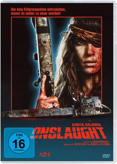 Text: "TO STOP A KILLING MACHINE YOU MUST BECOME ONE. ADRIA ARJONA ONSLAUGHT".  
Frau mit Gewehr schaut aus Fenster.