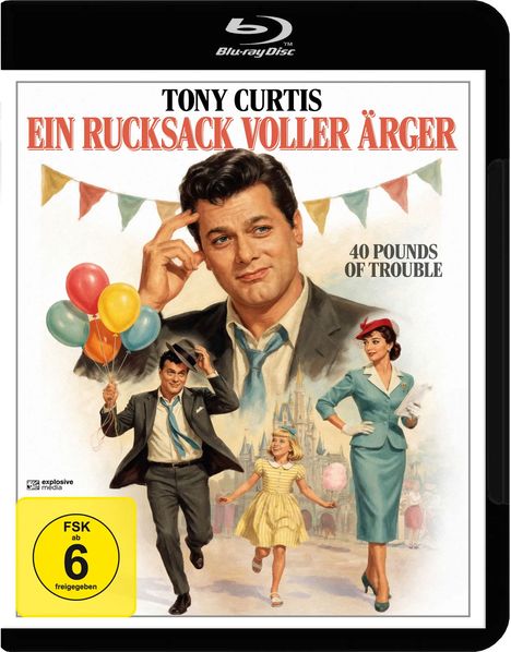 Aufschrift: "TONY CURTIS," "EIN RUCKSACK VOLLER ÄRGER," "40 POUNDS OF TROUBLE." Illustration: Drei Personen, bunte Wimpel.