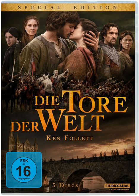 „SPECIAL EDITION“, „DIE TORE DER WELT“, „Ken Follett“, „3 Discs“, „FSK 16“. Bild zeigt mittelalterliche Figuren und Schlacht.