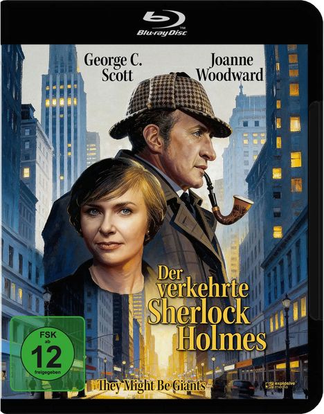 Text: "George C. Scott, Joanne Woodward, Der verkehrte Sherlock Holmes, They Might Be Giants, FSK ab 12 freigegeben." Illustration: Eine Stadt mit zwei Personen.