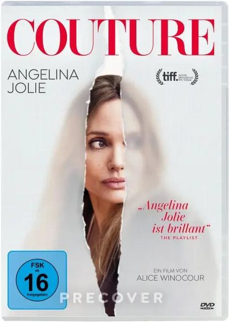 "COUTURE", "ANGELINA JOLIE", "Angelina Jolie ist brillant", Porträt einer nachdenklichen Frau hinter zerrissenem Papier.