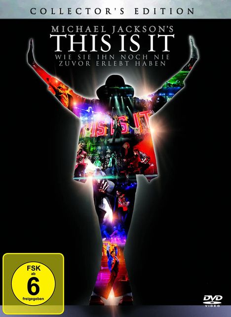 "COLLECTOR'S EDITION. MICHAEL JACKSON'S THIS IS IT. Silhouette von Jackson, gefüllt mit bunten Konzertbildern. FSK 6."